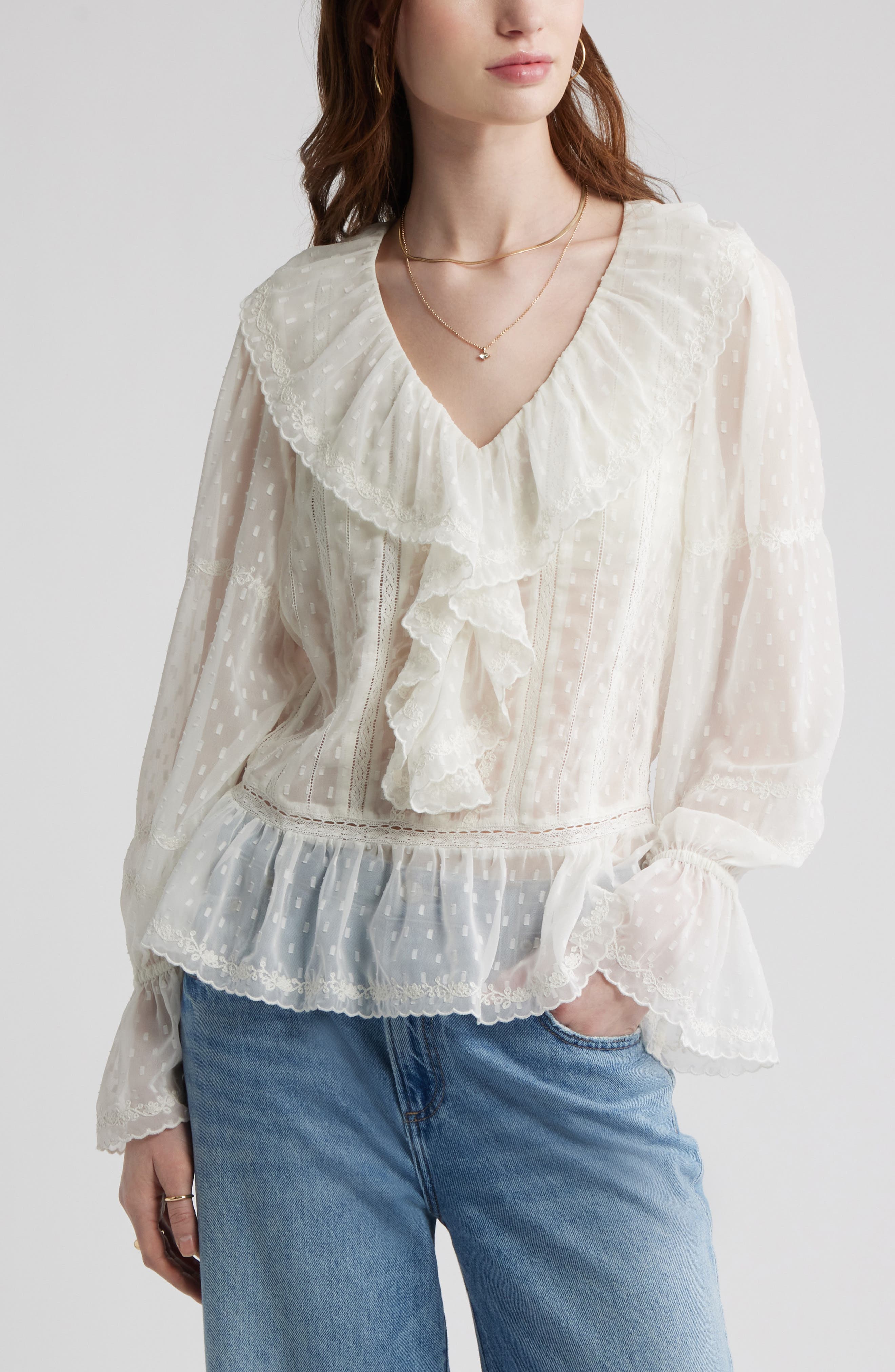 Embroidered Ruffle Peplum Clip Dot Chiffon Top