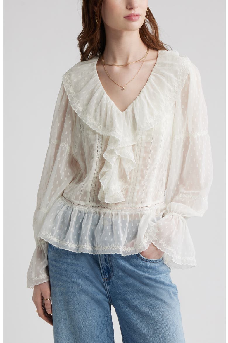Embroidered Ruffle Peplum Clip Dot Chiffon Top, Main, color, IVORY EGRET