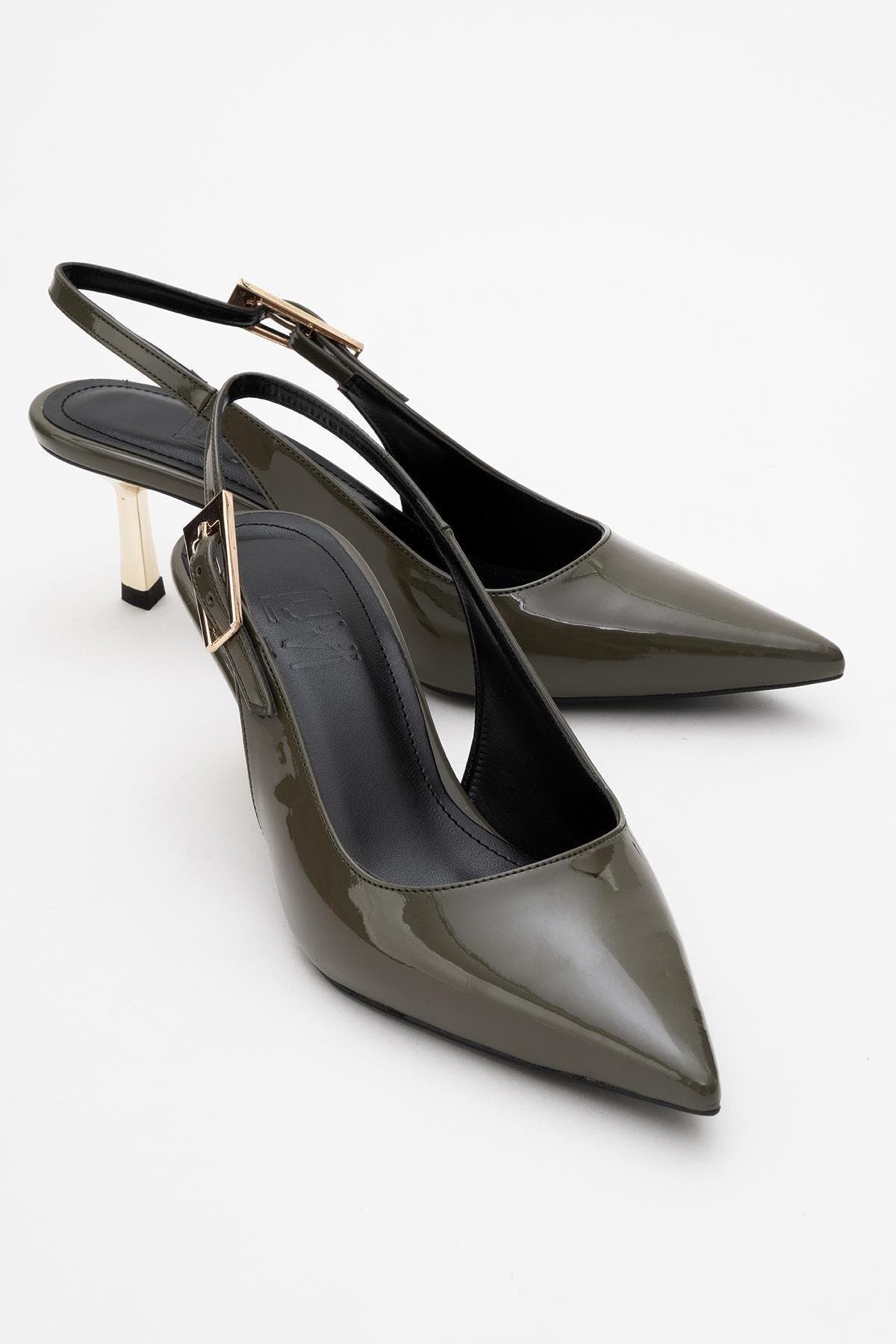 Prologue Shoes Arty Pointed Toe Slingback Pump, Alternate, color, Khaki Patent