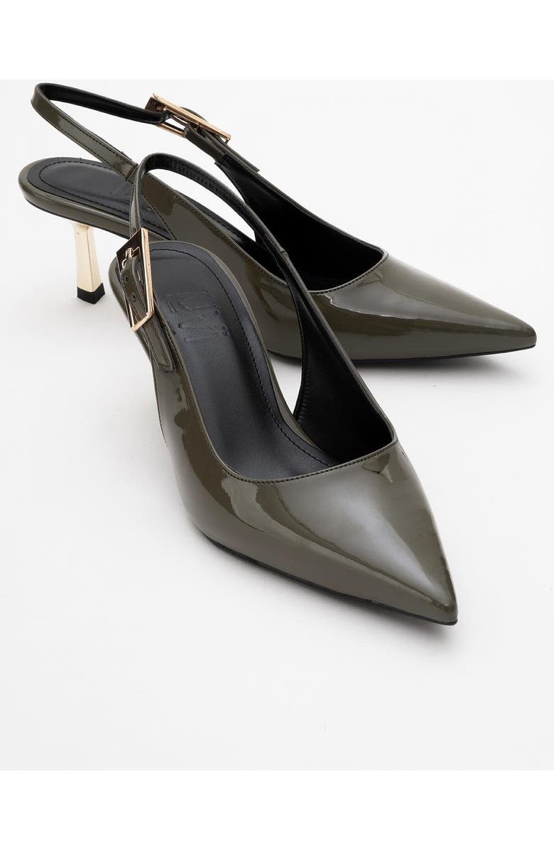 Prologue Shoes Arty Pointed Toe Slingback Pump, Alternate, color, Khaki Patent
