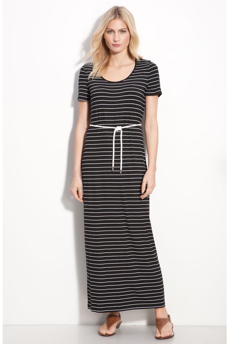 Stripe Cap Sleeve Maxi Dress, Main, color, BLACK WHITE