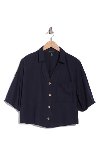 Ellen Tracy Boxy Short Sleeve Crop Button-up Shirt In Navy