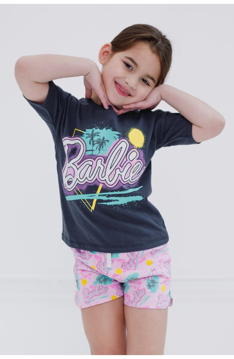 Barbie T-Shirt & French Terry Shorts Set, Alternate, color, Pink / Black / Graffiti