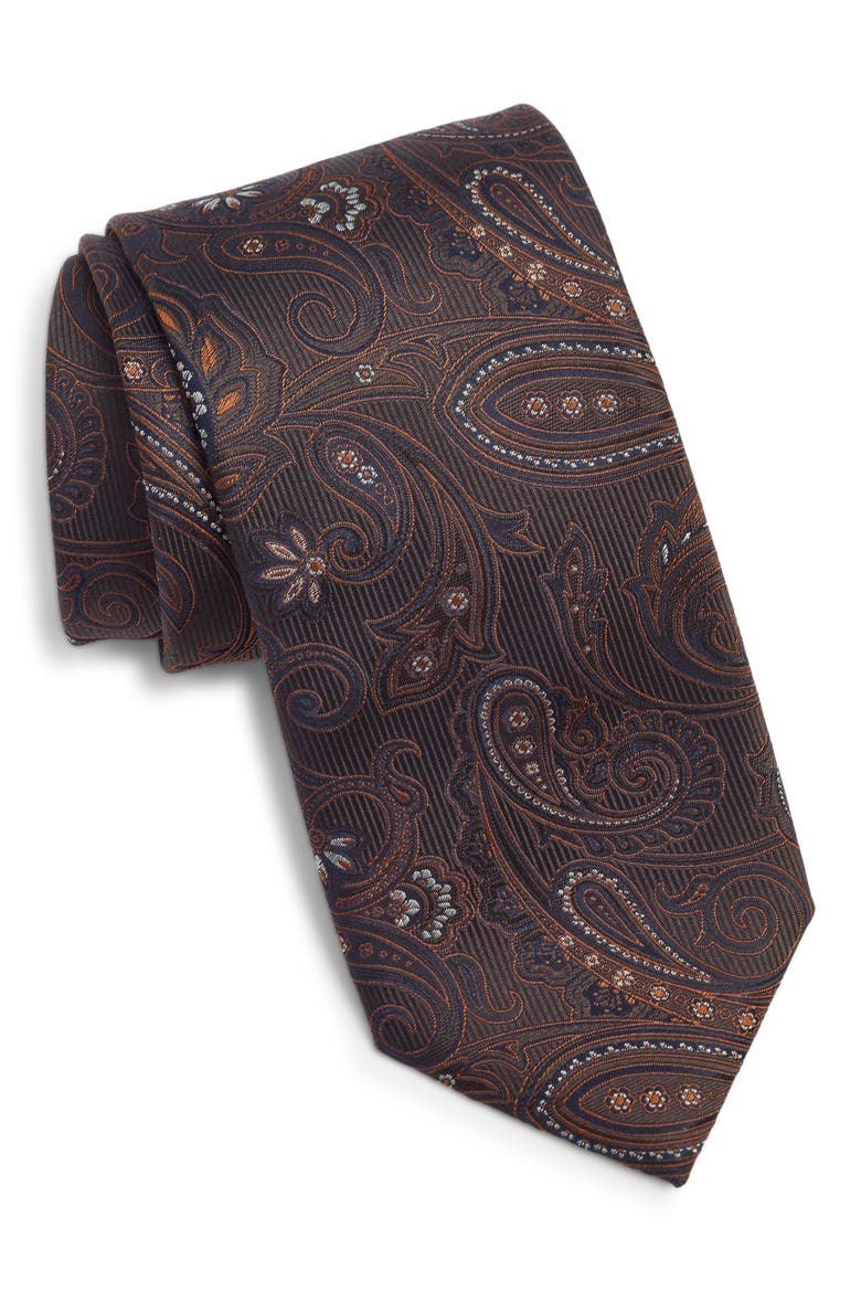 Paisley Silk Tie, Main, color, DARK BROWN