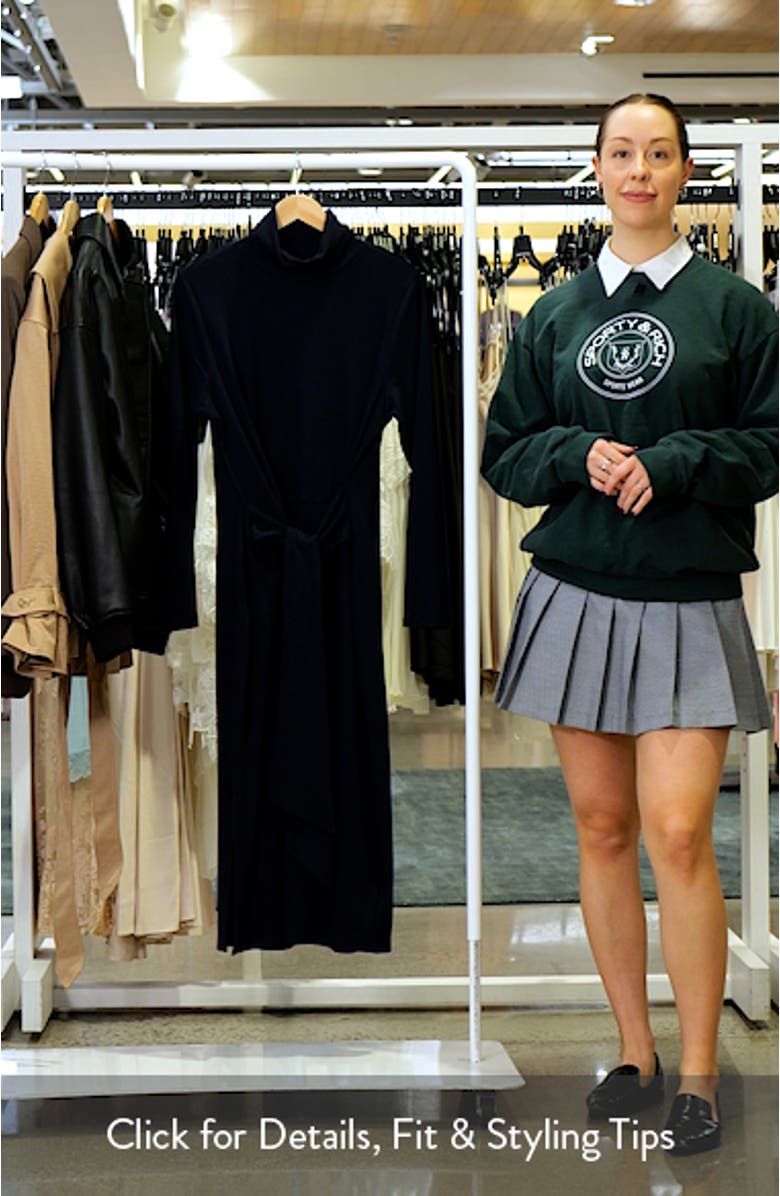 Turtleneck Tie Waist Long Sleeve Rib Cotton Blend Midi Dress, sales video thumbnail