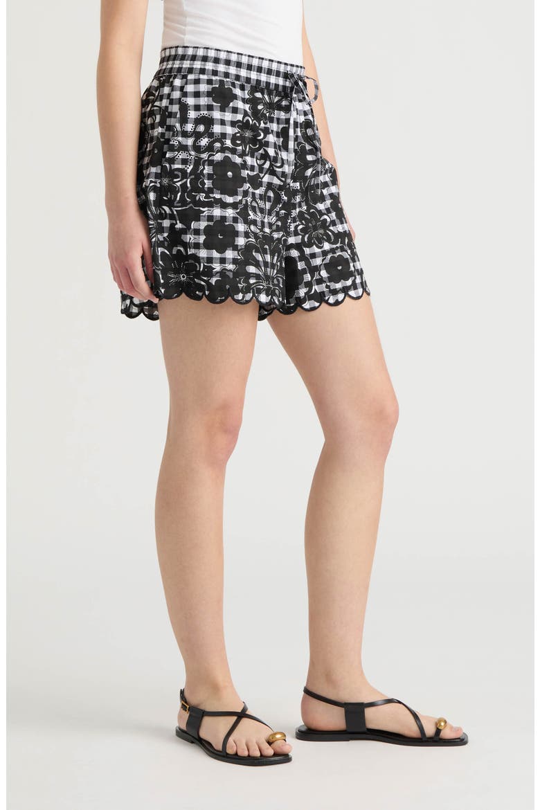 Floral Gingham Cotton Poplin Drawstring Shorts, Alternate, color, BLACK WHITE GINGHAM