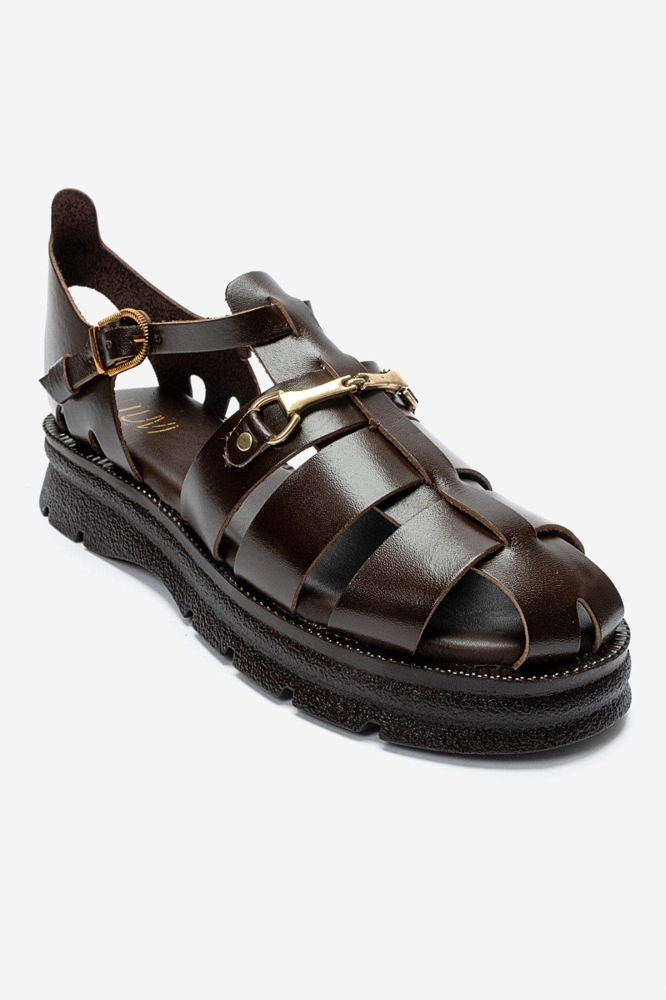 Riela Leather Buckle Sandal, Main, color, Brown