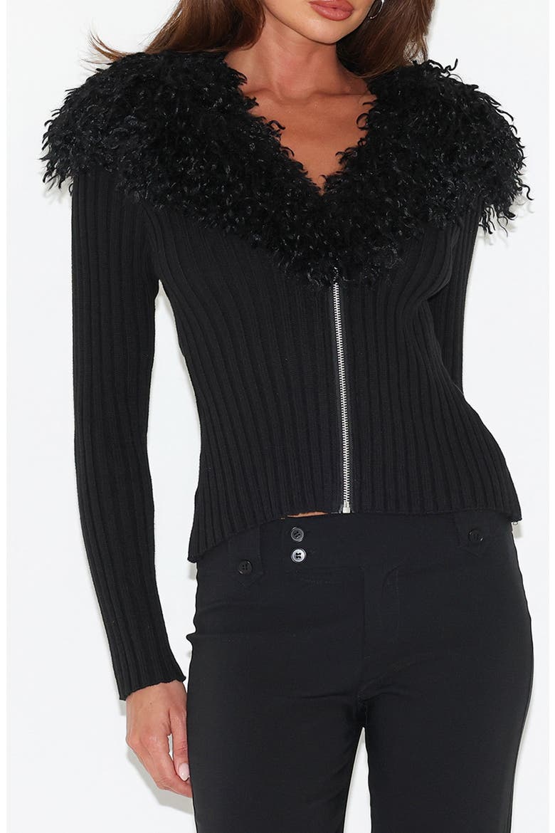 Brisa Faux Fur Collar Rib Jacket, Main, color, BLACK