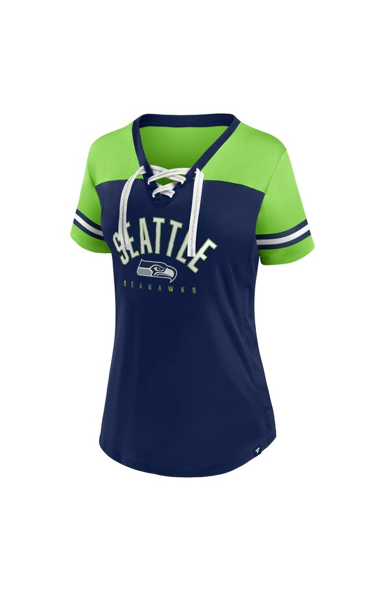 FANATICS Women's Fanatics College Navy/Neon Green Seattle Seahawks Blitz & Glam Lace-Up V-Neck Jersey T-Shirt, Alternate, color, Navy