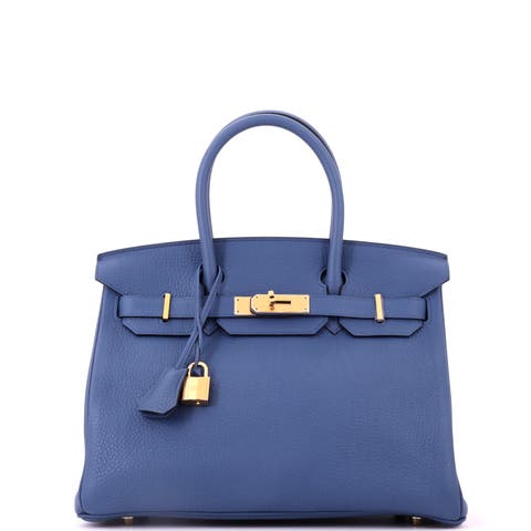 Birkin Handbag Blue Clemence with Gold Hardware 30