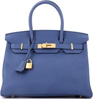Pre-Owned Hermes Birkin Handbag Blue Clemence with Gold Hardware 30