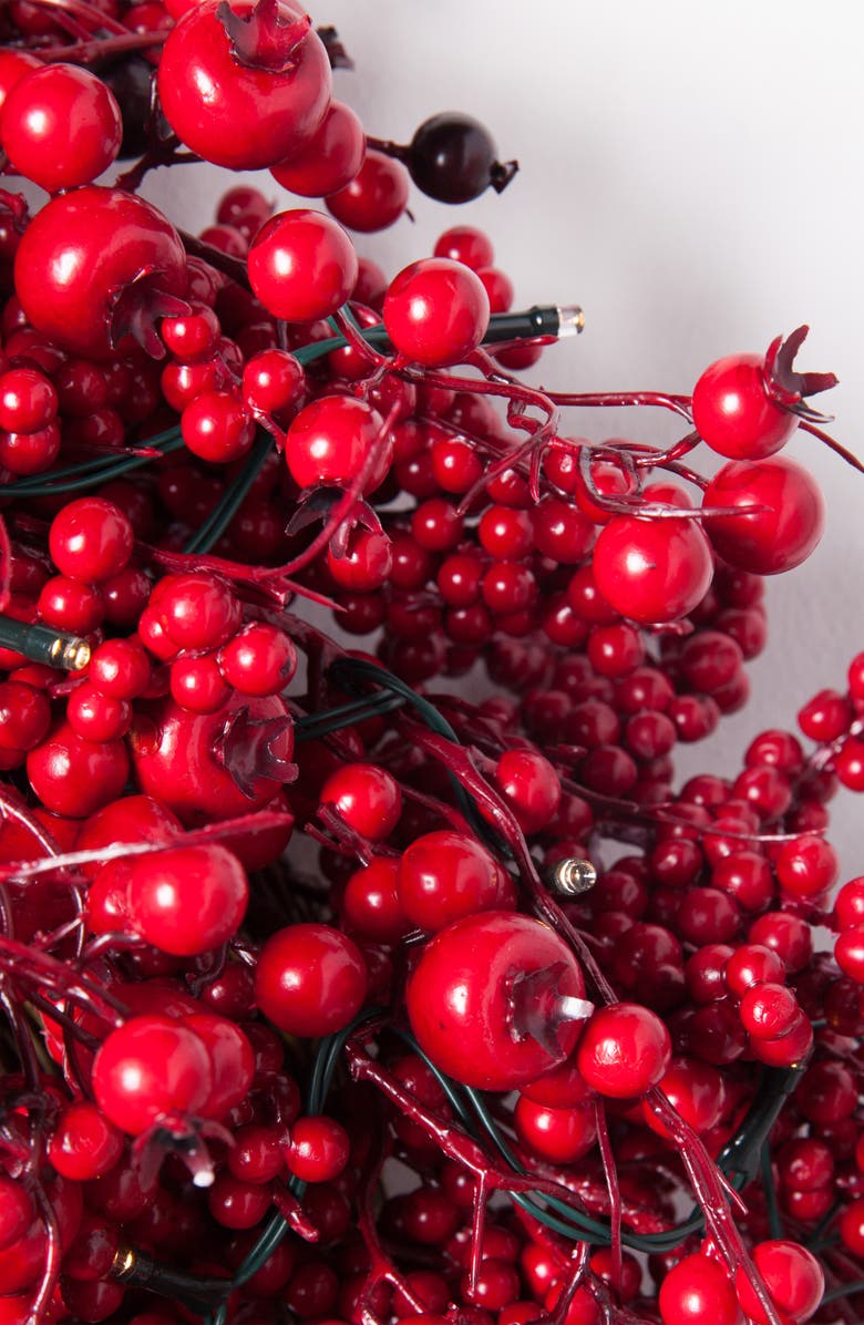 Balsam Hill Festive Pre Lit Red Berry Wreath, Alternate, color, 