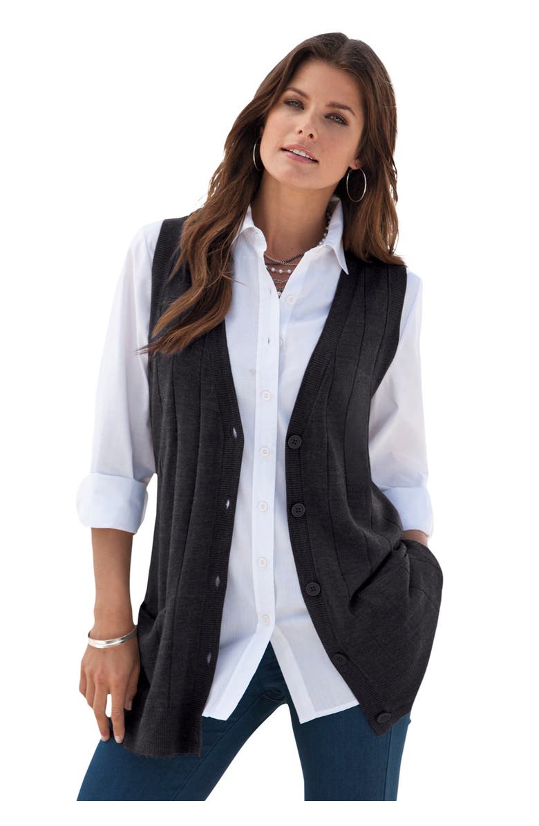 Roaman's Plus Size Drop Needle Vest Lightweight Sweater Knit, Main, color, Black