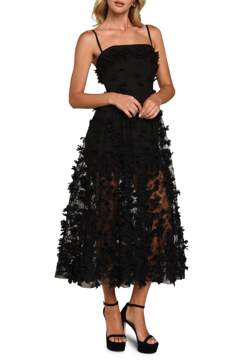 Audrey Floral Appliqué Cocktail Dress, Main, color, BLACK