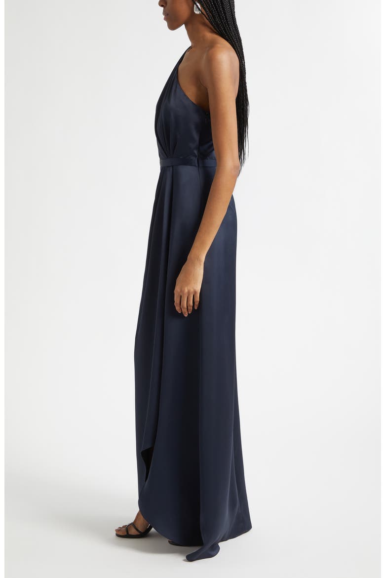 Opal One-Shoulder Single Long Sleeve Satin Gown, Alternate, color, NAVY