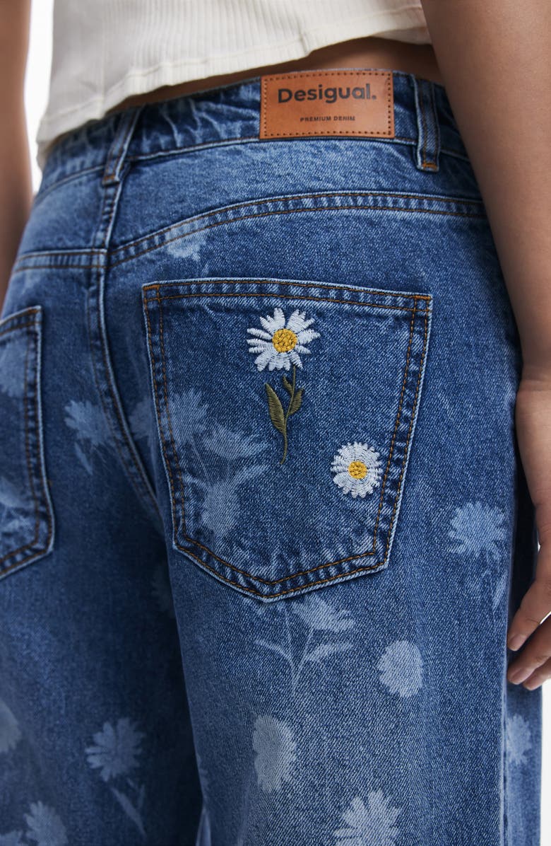 Desigual Daisy Embroidered Mid Rise Wide Leg Jeans, Alternate, color, Medium Blue