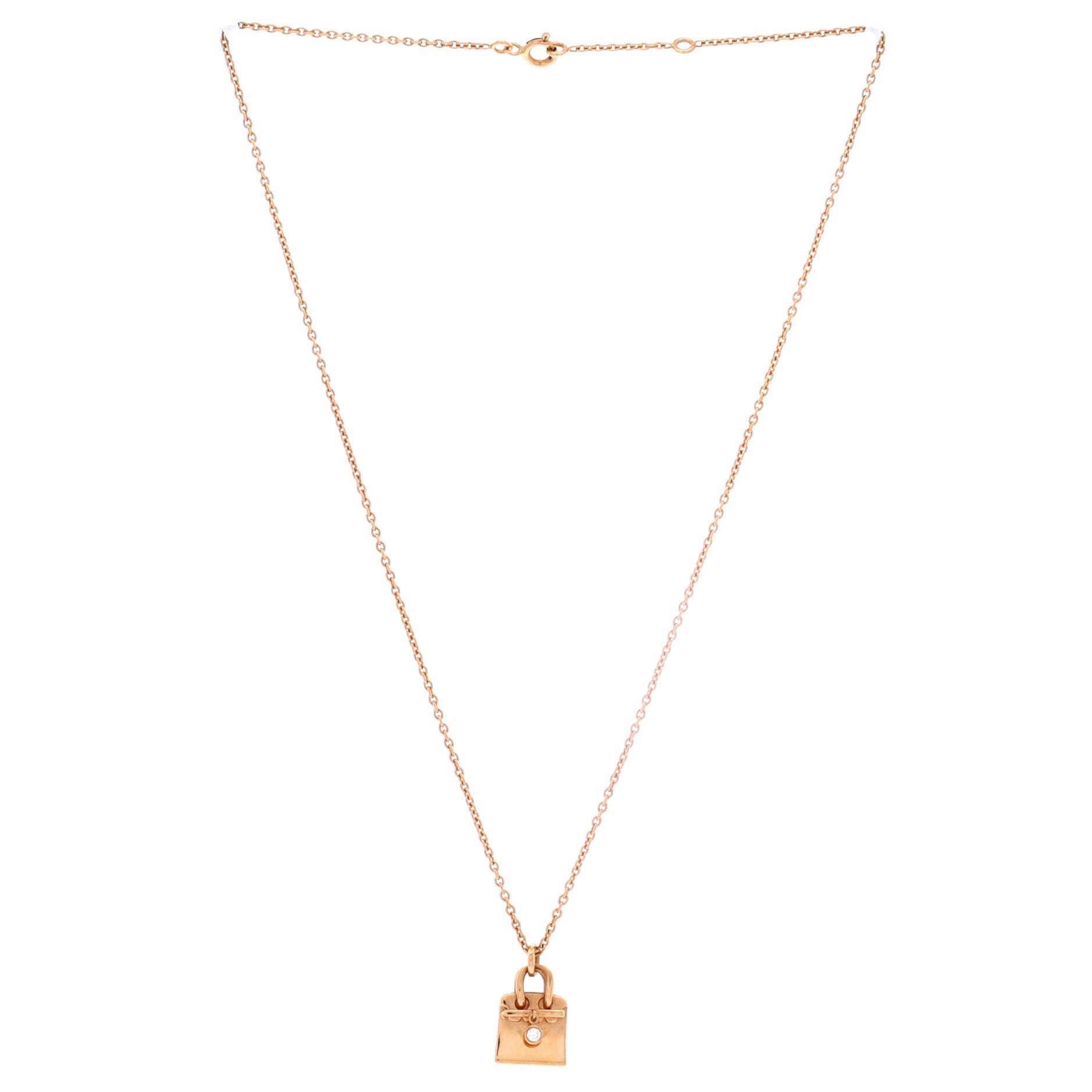 Pre-Owned Hermes Birkin Amulette Pendant Necklace 18K Rose Gold with Diamond, Alternate, color, Rose Gold