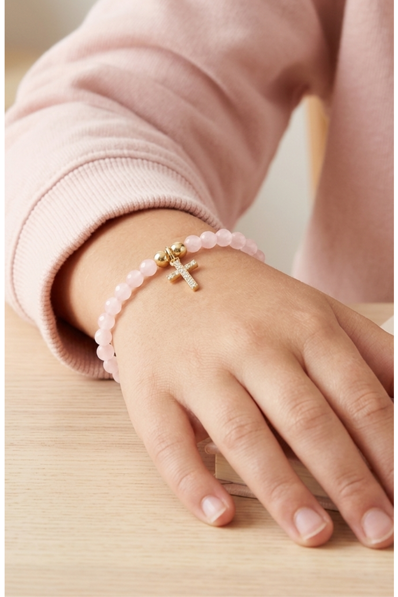 Cubic Zirconia Cross Charm Semi-Precious Gemstone Bracelet, Alternate, color, Pink