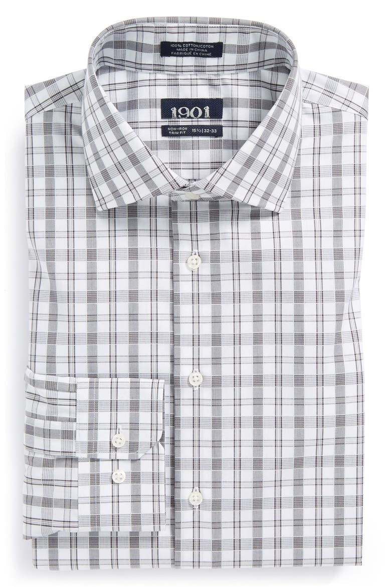 Trim Fit Non-Iron Plaid Dress Shirt, Main, color, GREY- STONEHENGE
