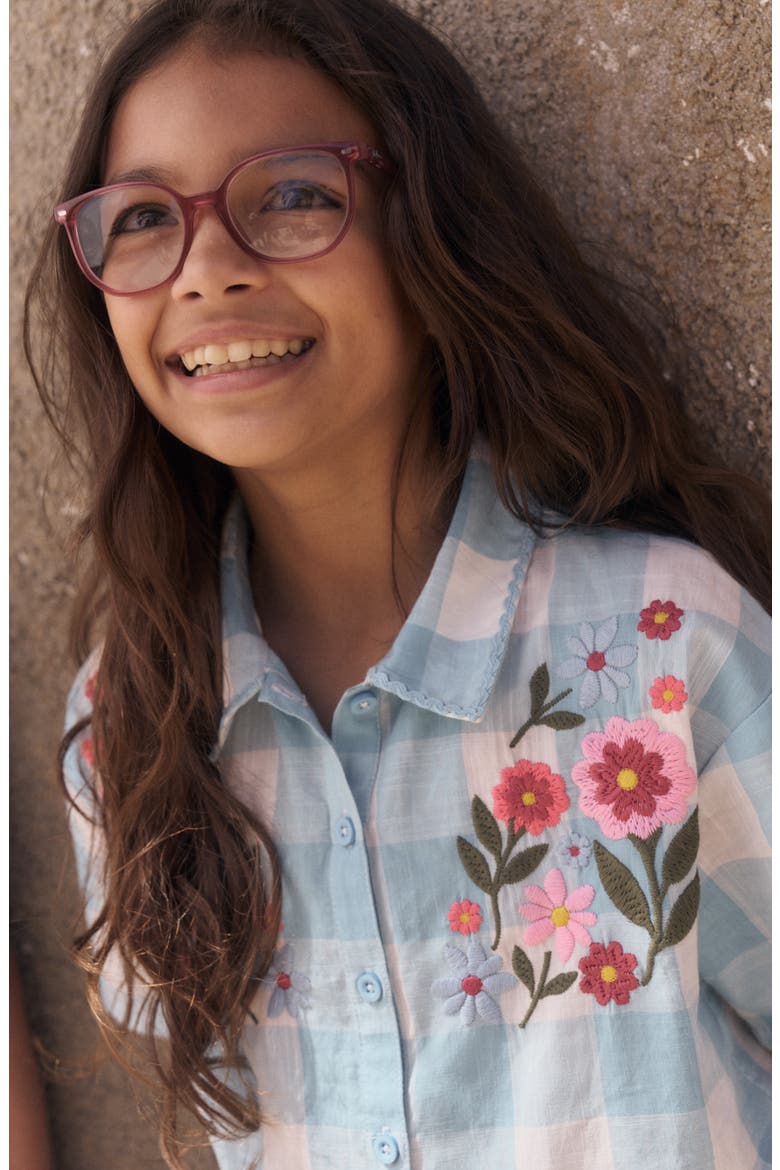 Kids' Floral Embroidered Gingham Button-Up Top, Alternate, color, BLUE GINGHAM