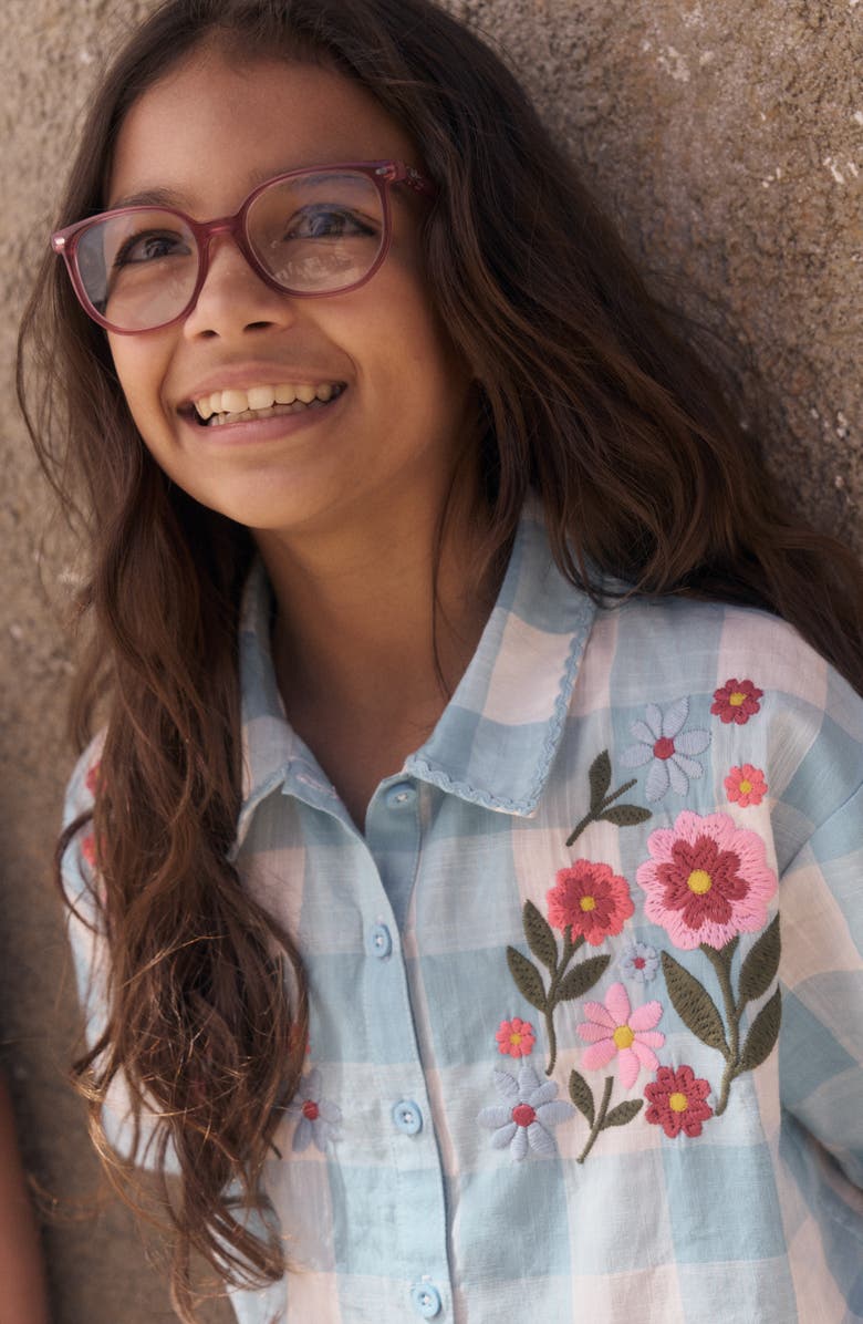 Mini Boden Kids' Floral Embroidered Gingham Button-Up Top, Alternate, color, Blue Gingham