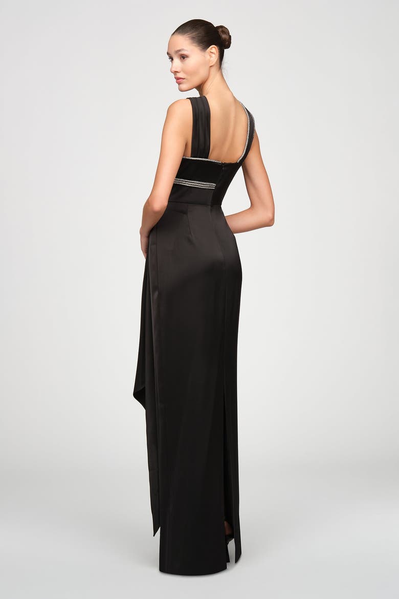 Cressida Halter Column Satin Gown, Alternate, color, Black
