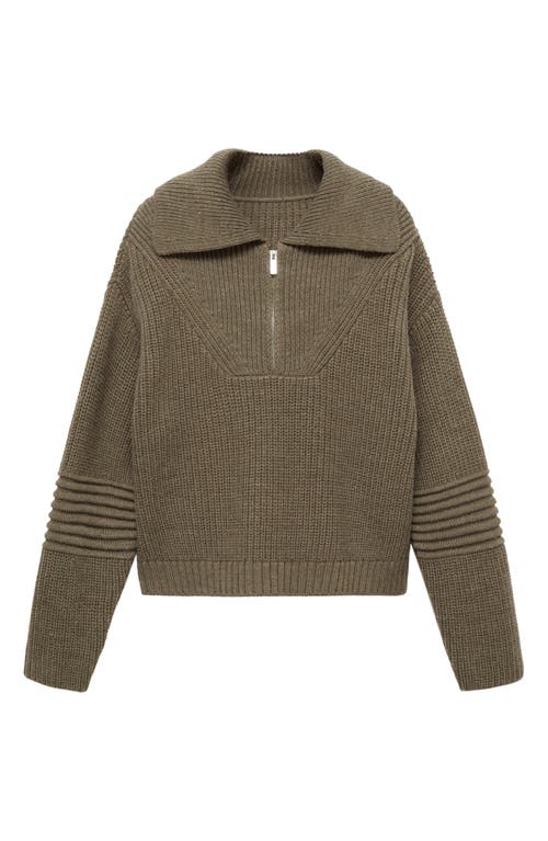 Shop Mango Demy Collar Half Zip Rib Sweater In Khaki Green