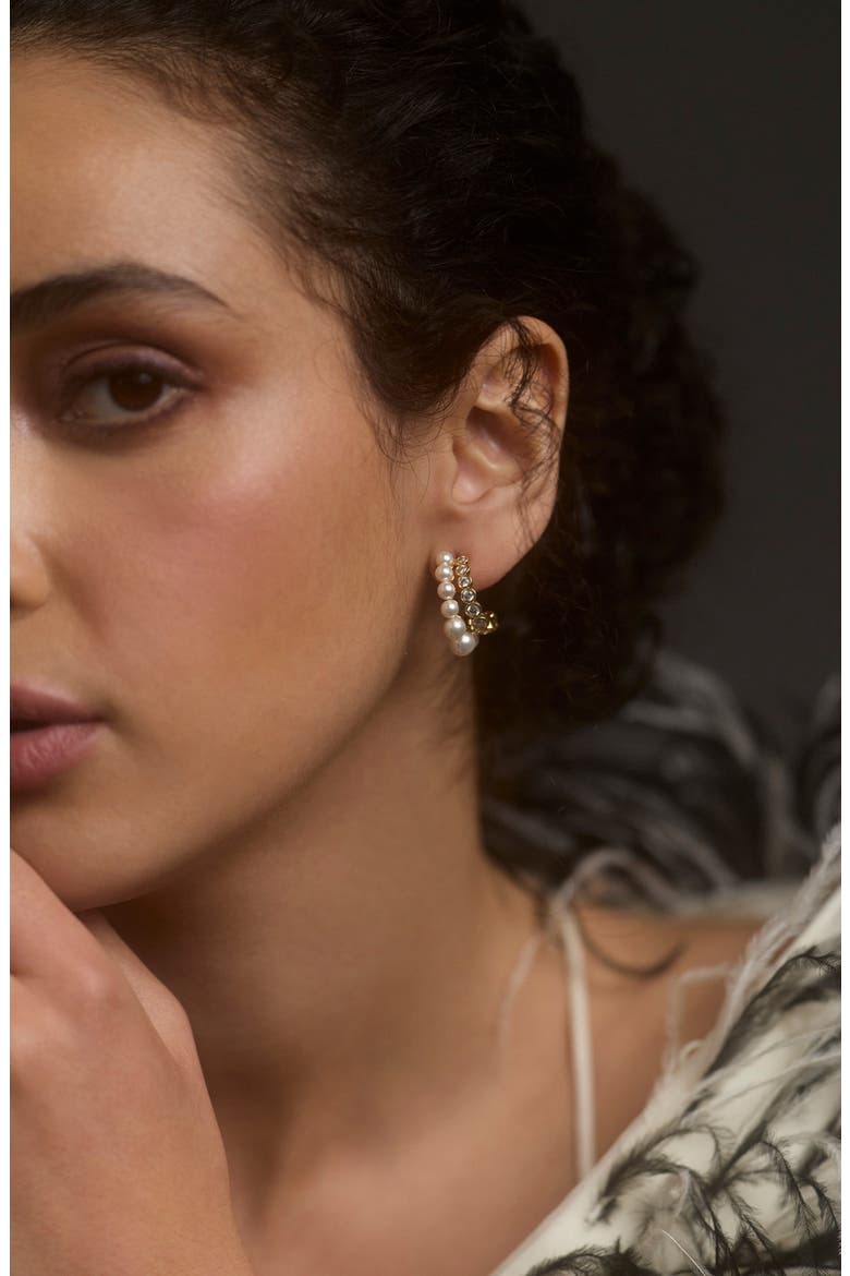 Imitation Pearl & Cubic Zirconia Double Row Hoop Earrings, Alternate, color, GOLD