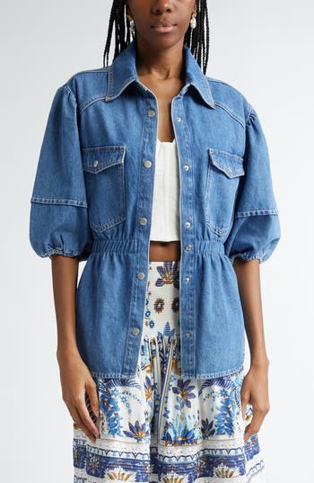 Farm Rio Puff Sleeve Denim Shirt In Blue