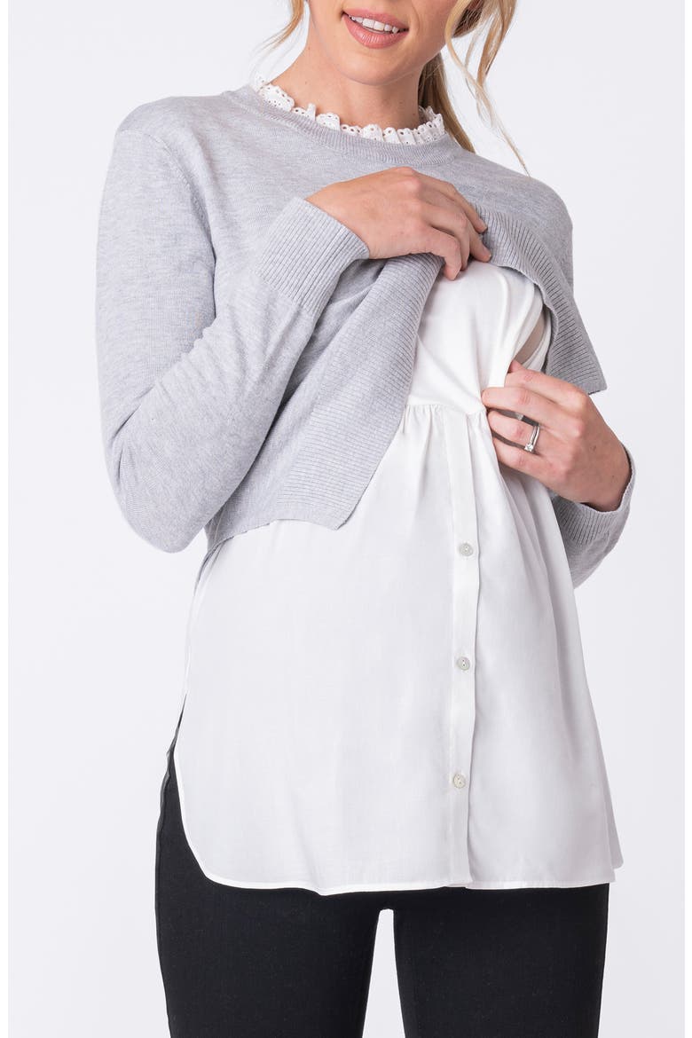 Layered Lace Trim Maternity/Nursing Sweater, Alternate, color, DARK GREY