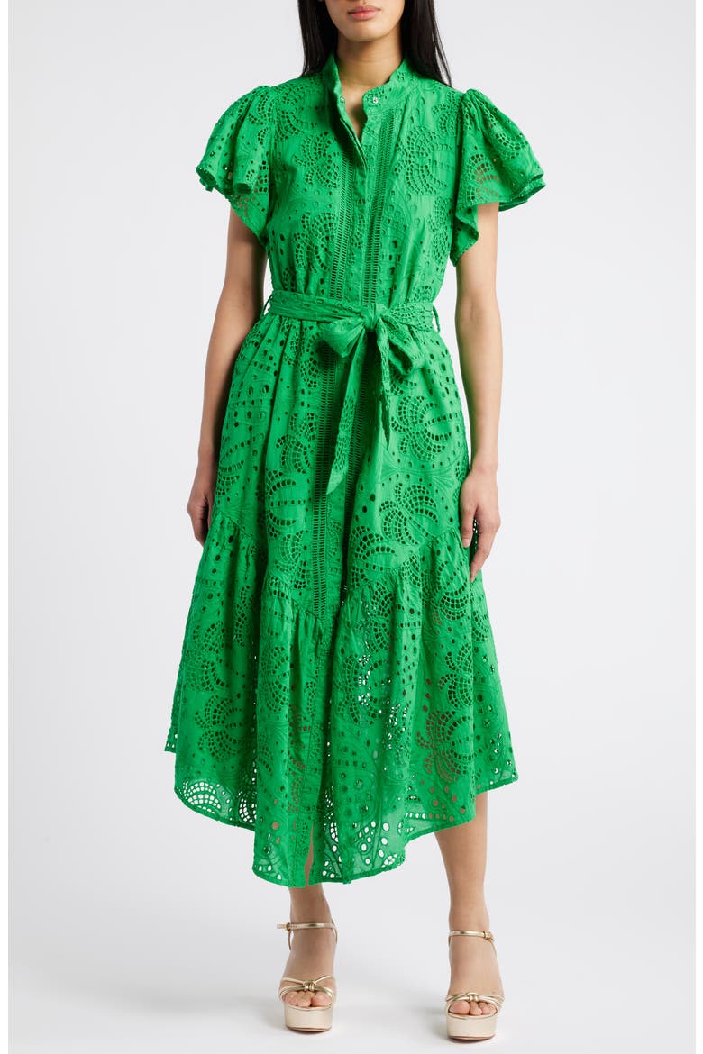 Isabella Cotton Eyelet Maxi Shirtdress, Main, color, GREEN