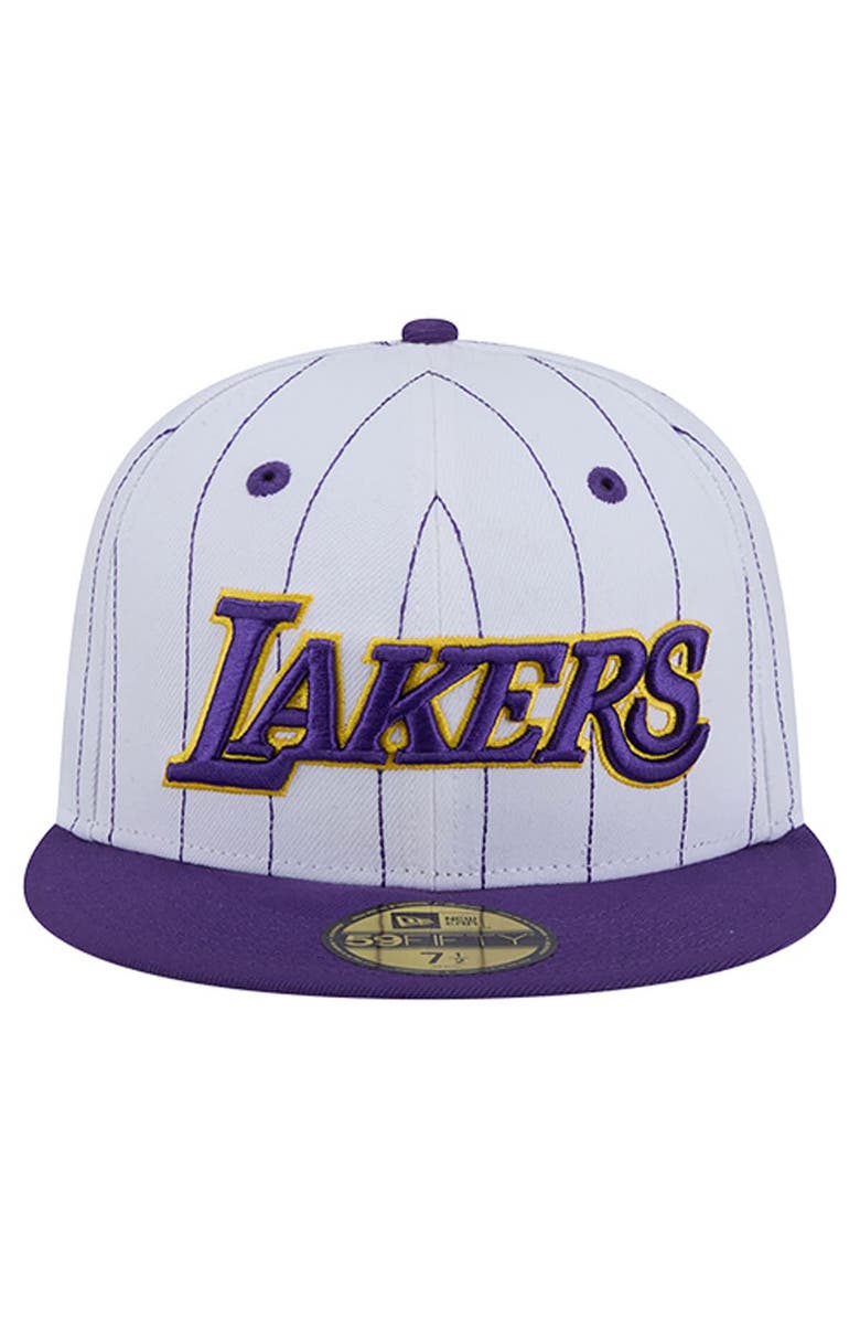 New Era Men's New Era  White Los Angeles Lakers Wordmark Pinstripe 59FIFTY Fitted Hat, Alternate, color, White