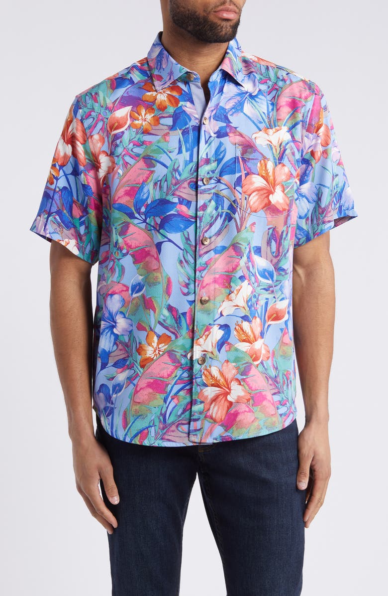Tommy Bahama Bloomio Floral Short Sleeve Silk Button-Up Shirt, Main, color, 