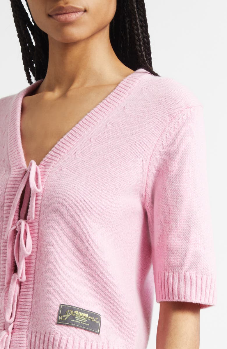 Ganni Tie Front Wool Blend Cardigan, Alternate, color, Primrose Pink