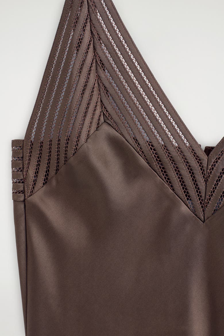 Open-stitch Satin Slip Dress, Alternate, color, BROWN