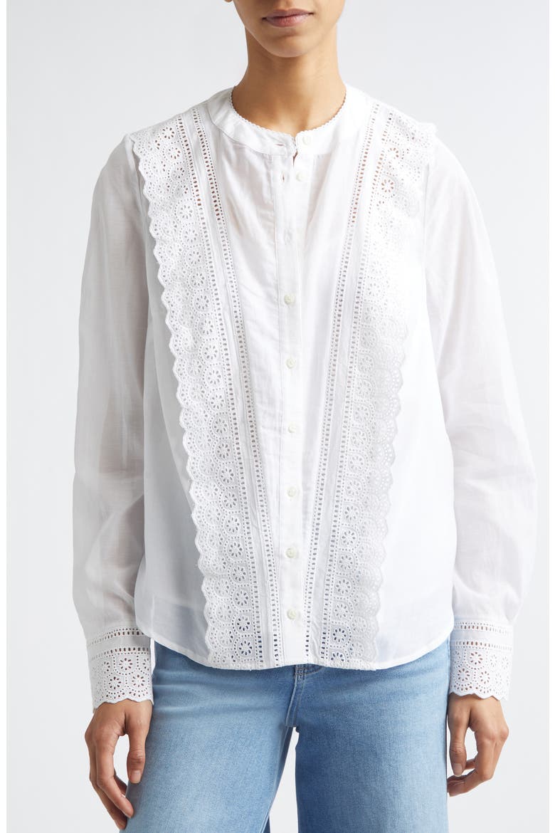 Clermont Eyelet Ruffle Detail Cotton Blend Button-Up Shirt, Alternate, color, WHITE