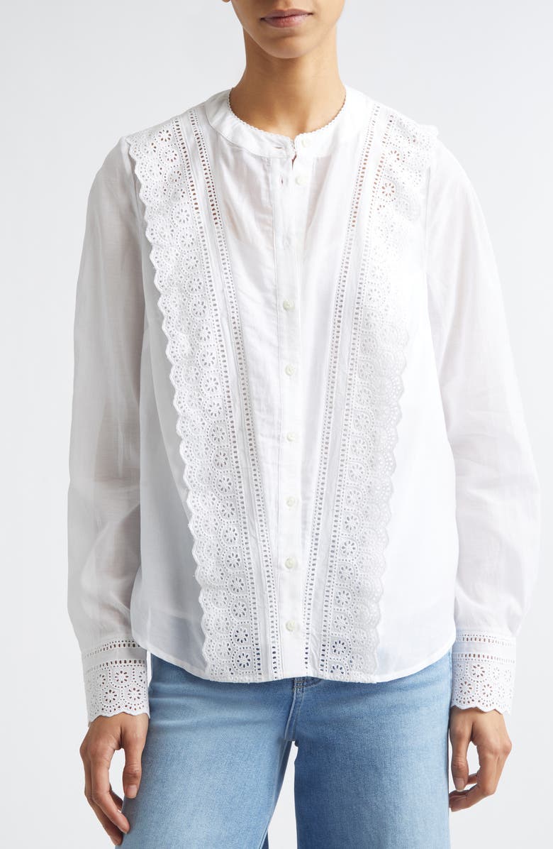 Veronica Beard Clermont Eyelet Ruffle Detail Cotton Blend Button-Up Shirt, Alternate, color, White