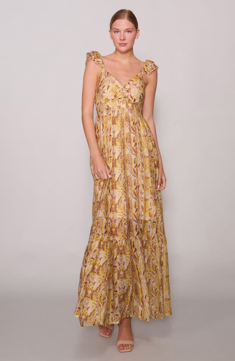 MELLODAY Print Tiered Maxi Dress, Alternate, color, Marigold Multi