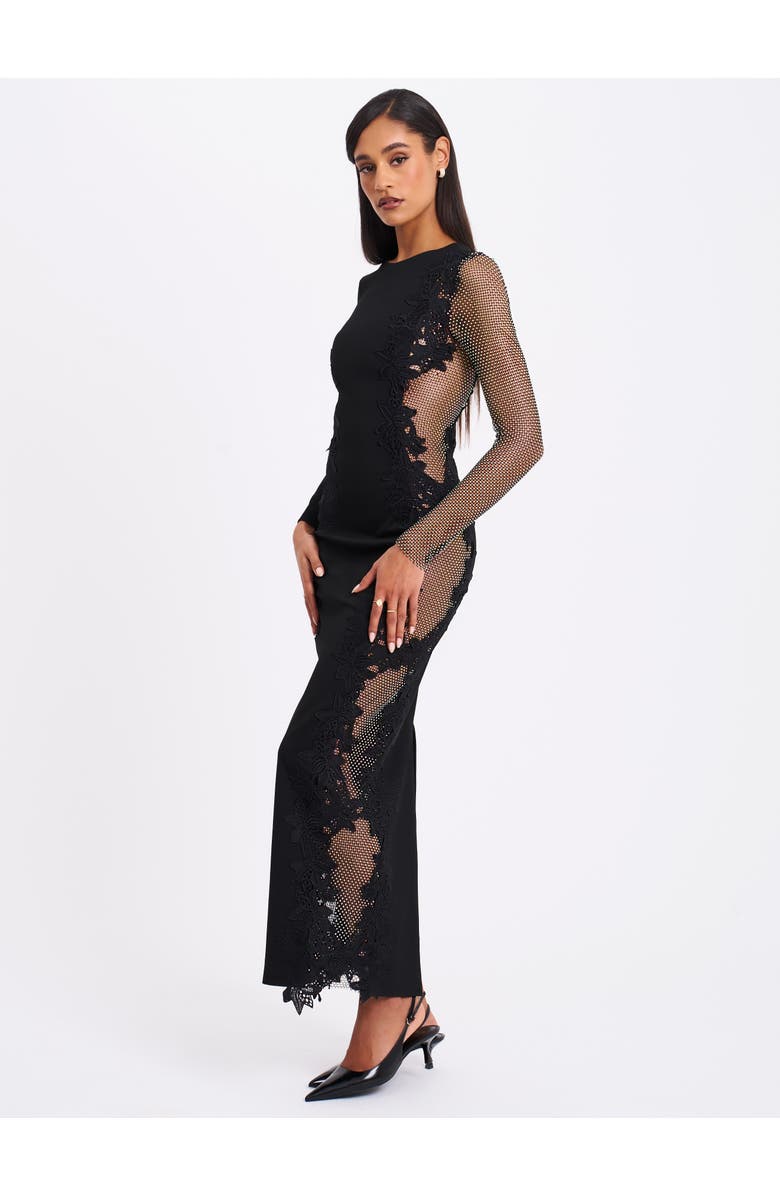 Miss Circle Bailey Lace Trim Crystal Net Cutout Long Sleeve Gown, Alternate, color, Black