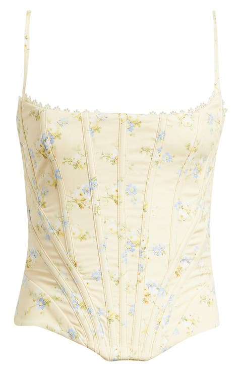 Cadie Lemon Floral Stretch Cotton Corset Top