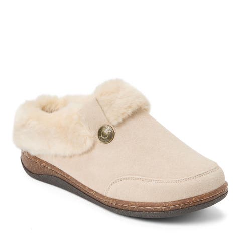 Suede Clog With Faux Fur Cuff & Metal But Slippers