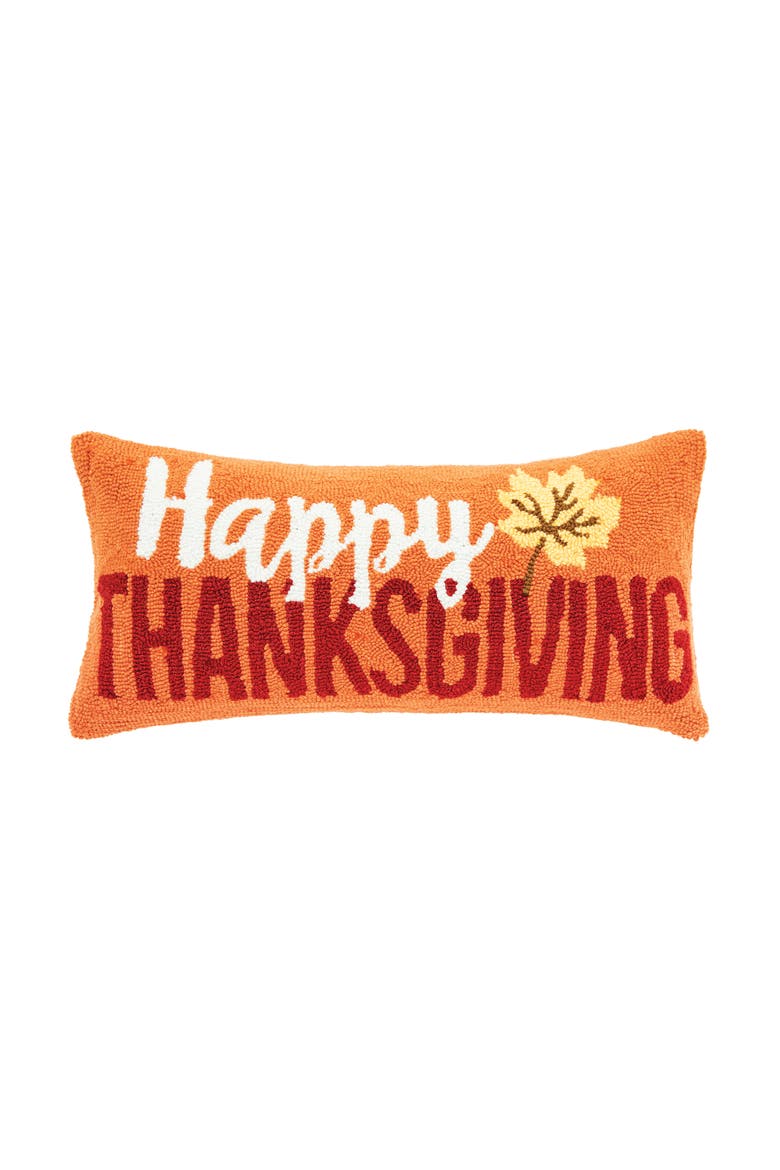 "Happy Thanksgiving" Leaf Hooked Long Accent Pillow 12" x 24", Main, color, Orange