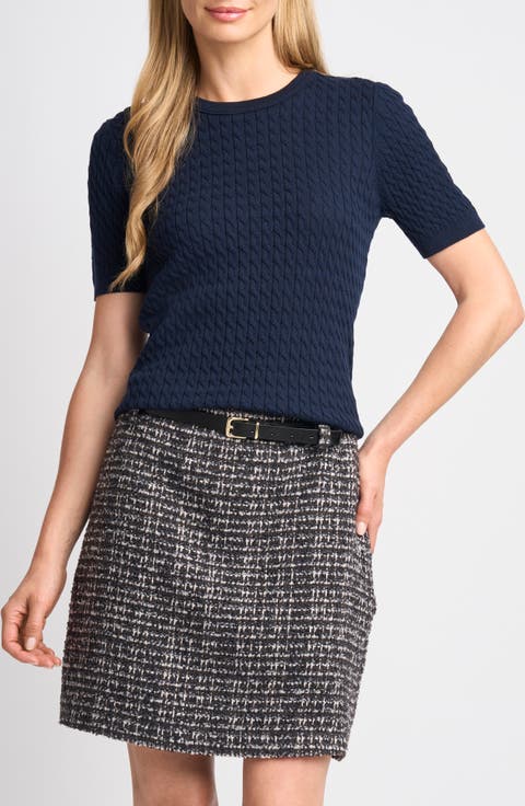 Cable Stitch Short Sleeve Crewneck Sweater