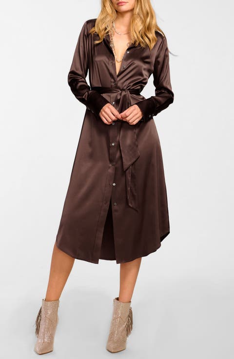 Victoria Tie Waist Long Sleeve Silk Blend Shirtdress