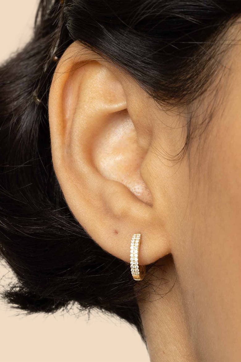 14K Gold Twin Row Diamond Mini Hoops, Alternate, color, Yellow Gold - Diamonds