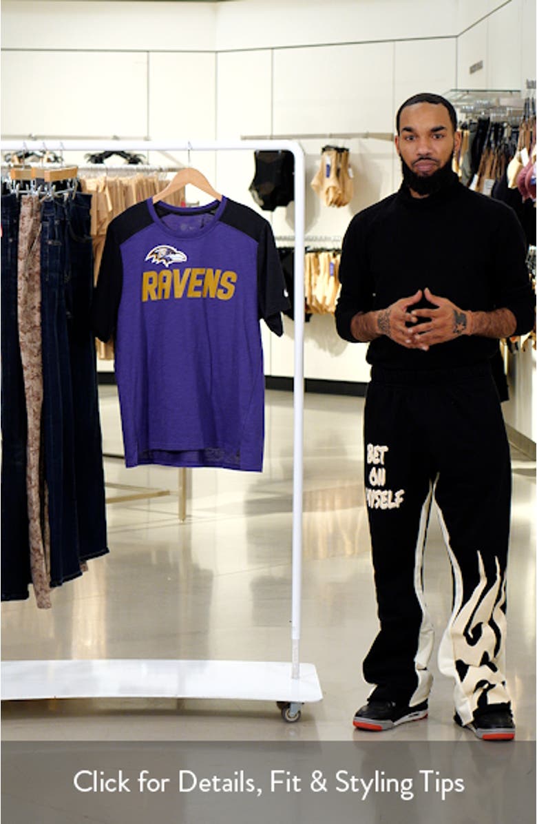 Men's Nike Heathered Purple/Heathered Black Baltimore Ravens Color Block Team Name T-Shirt, sales video thumbnail