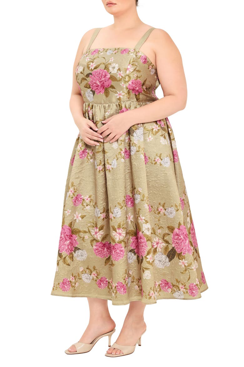 Floral Square Neck Midi Dress, Alternate, color, TAN