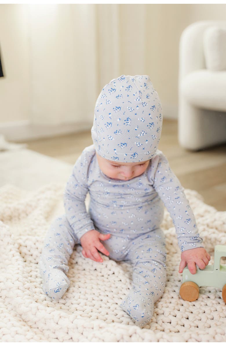 Fragile Floral Print Romper with Hat, Alternate, color, Pale Blue