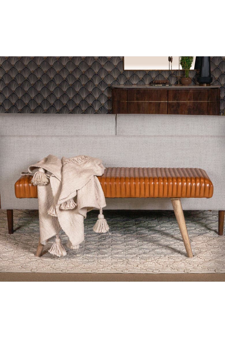 Mango Wood and Leather Grid Bench, Brown, Alternate, color, Brown