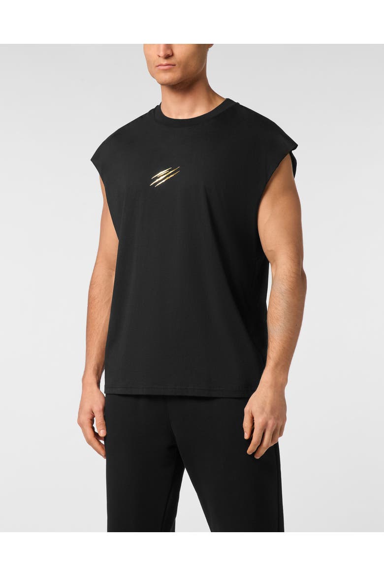 Tanktop T-Shirt Label Men, Main, color, black/lightgold